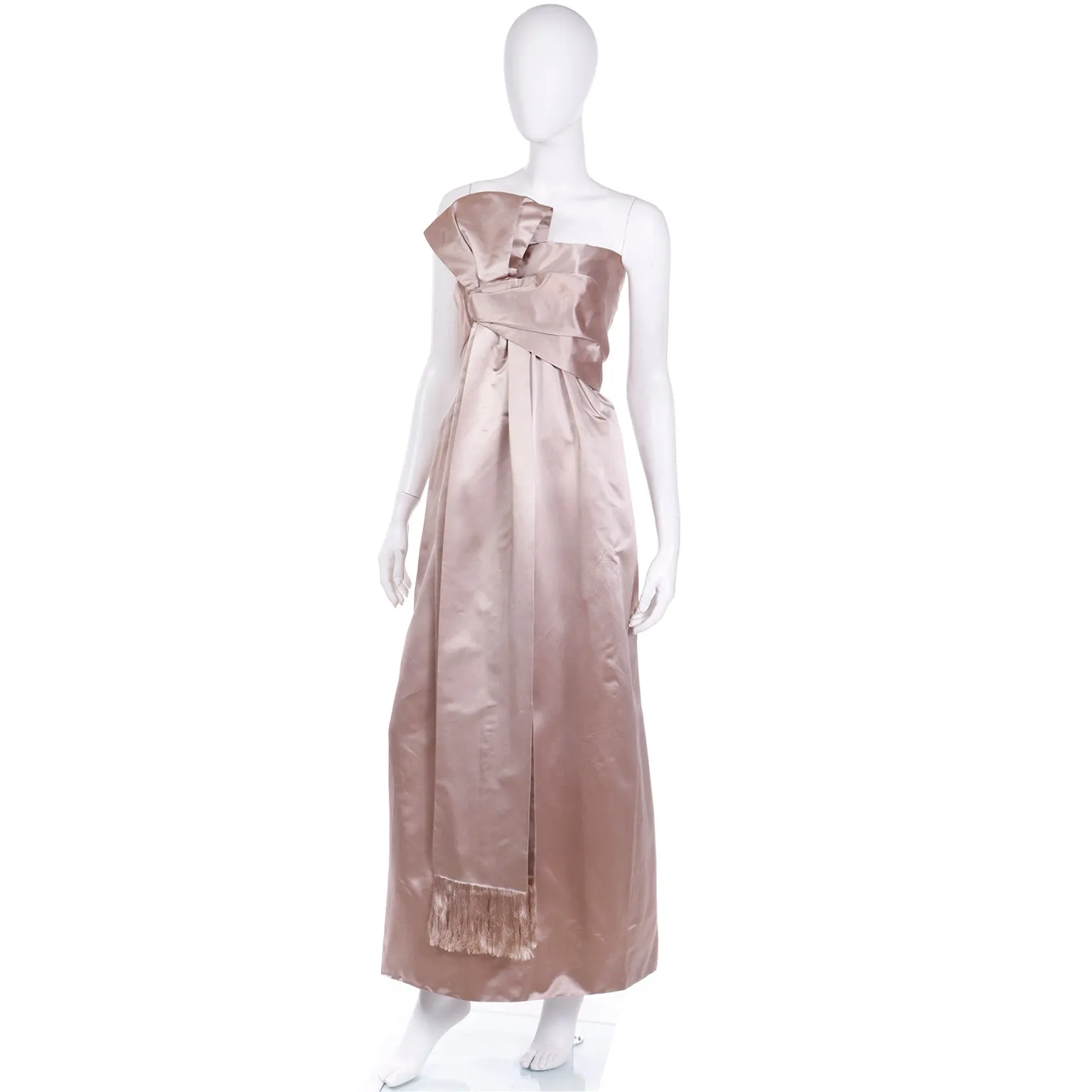 1950s Christian Dior Strapless Silk Satin Evening Gown W Fringed Sash Bow