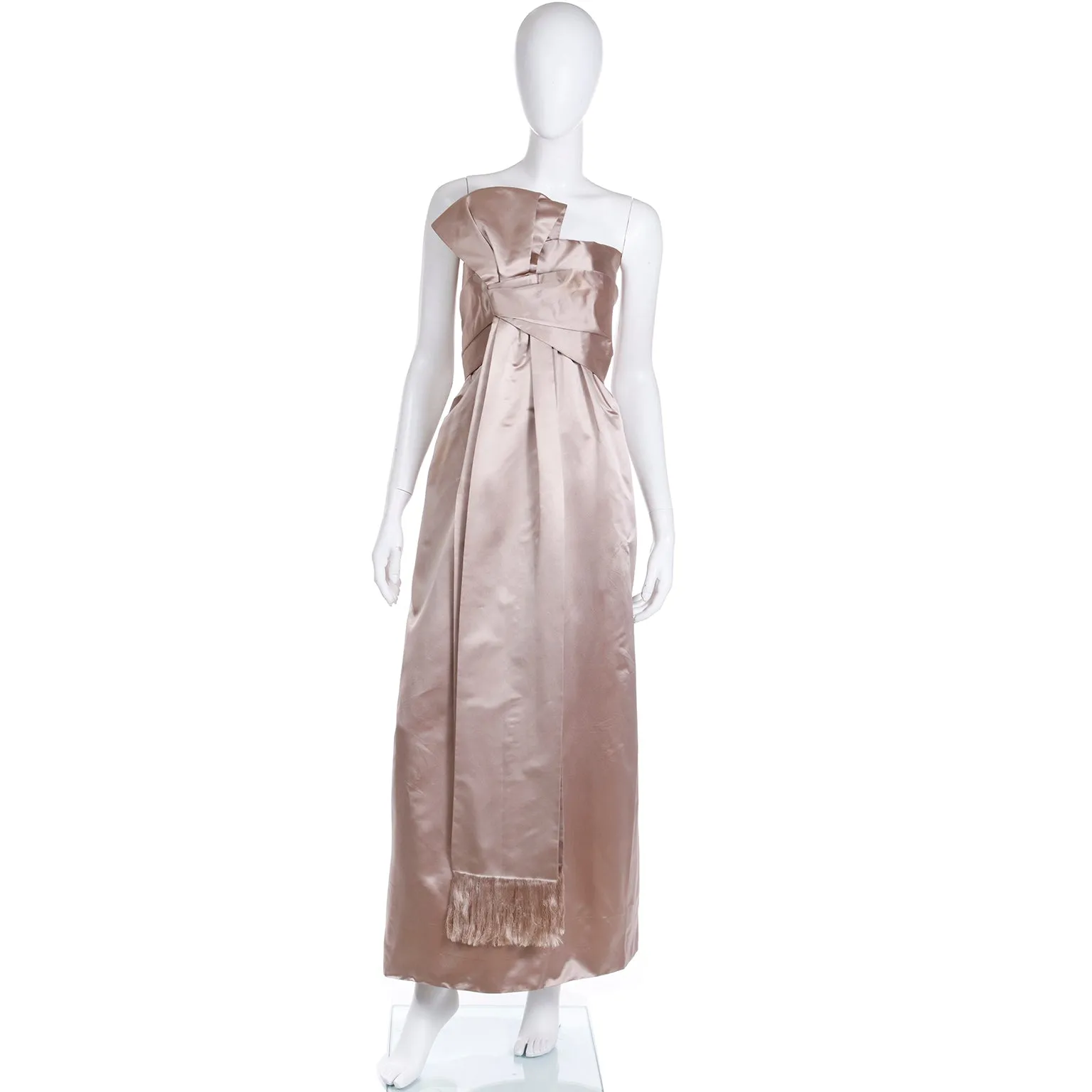 1950s Christian Dior Strapless Silk Satin Evening Gown W Fringed Sash Bow