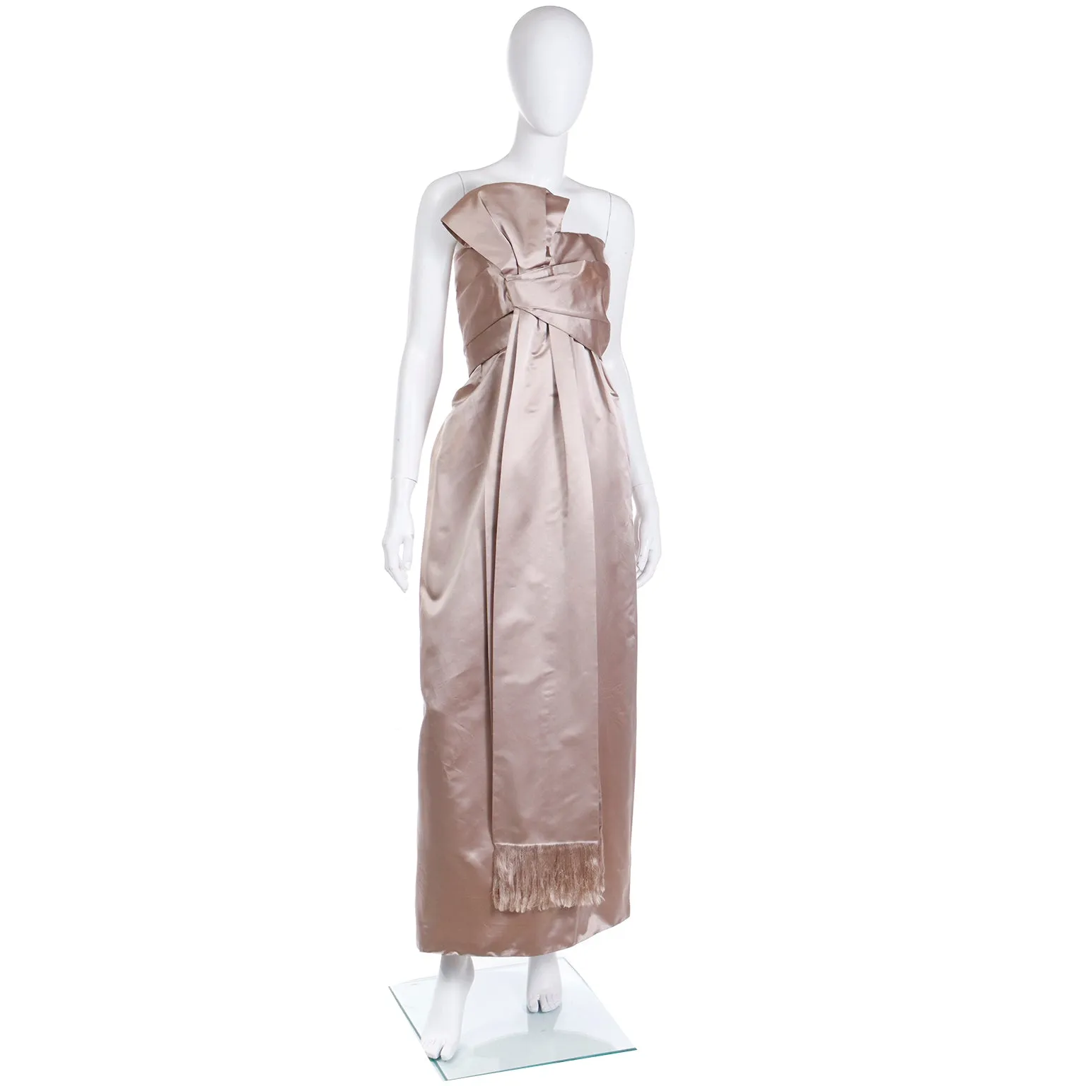 1950s Christian Dior Strapless Silk Satin Evening Gown W Fringed Sash Bow