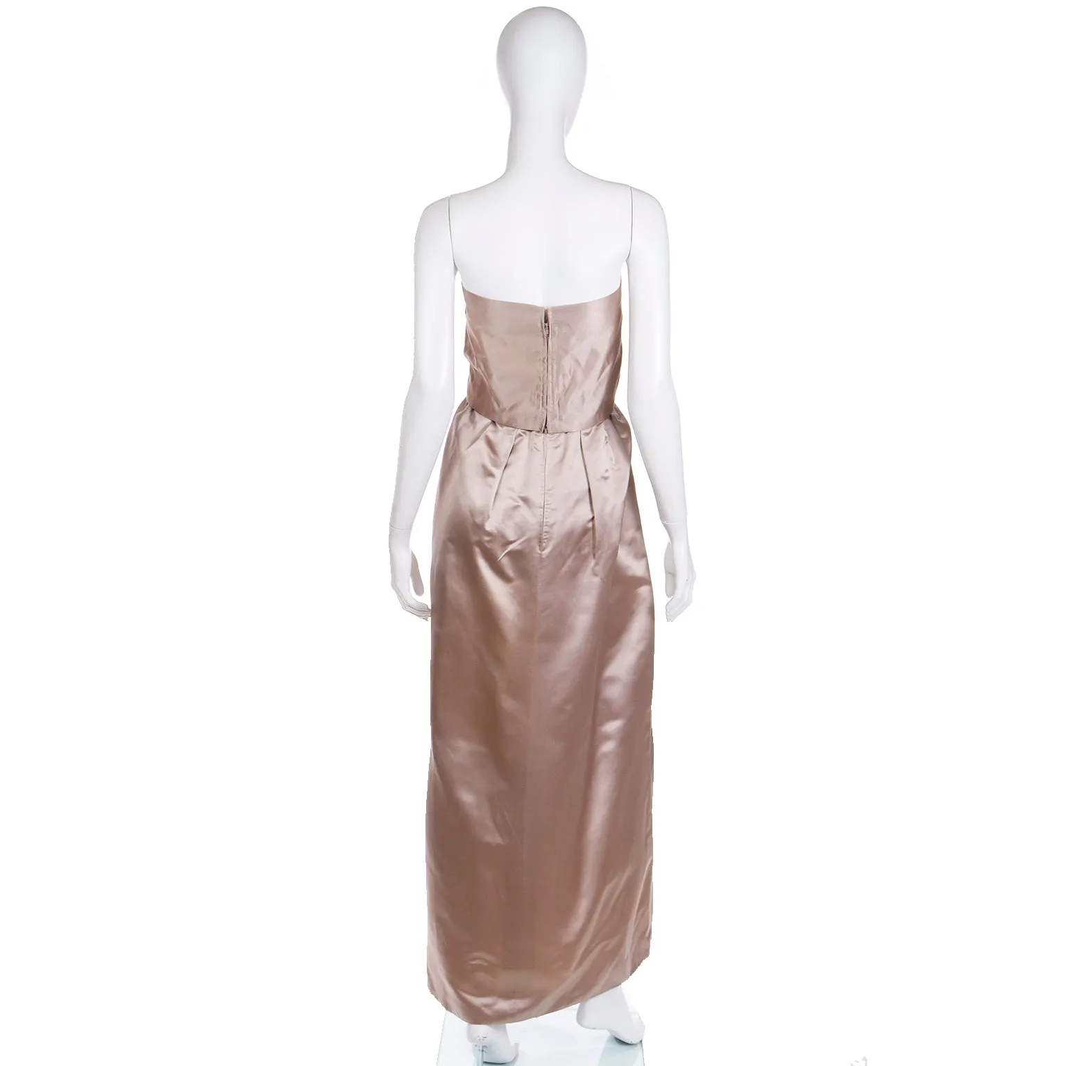 1950s Christian Dior Strapless Silk Satin Evening Gown W Fringed Sash Bow