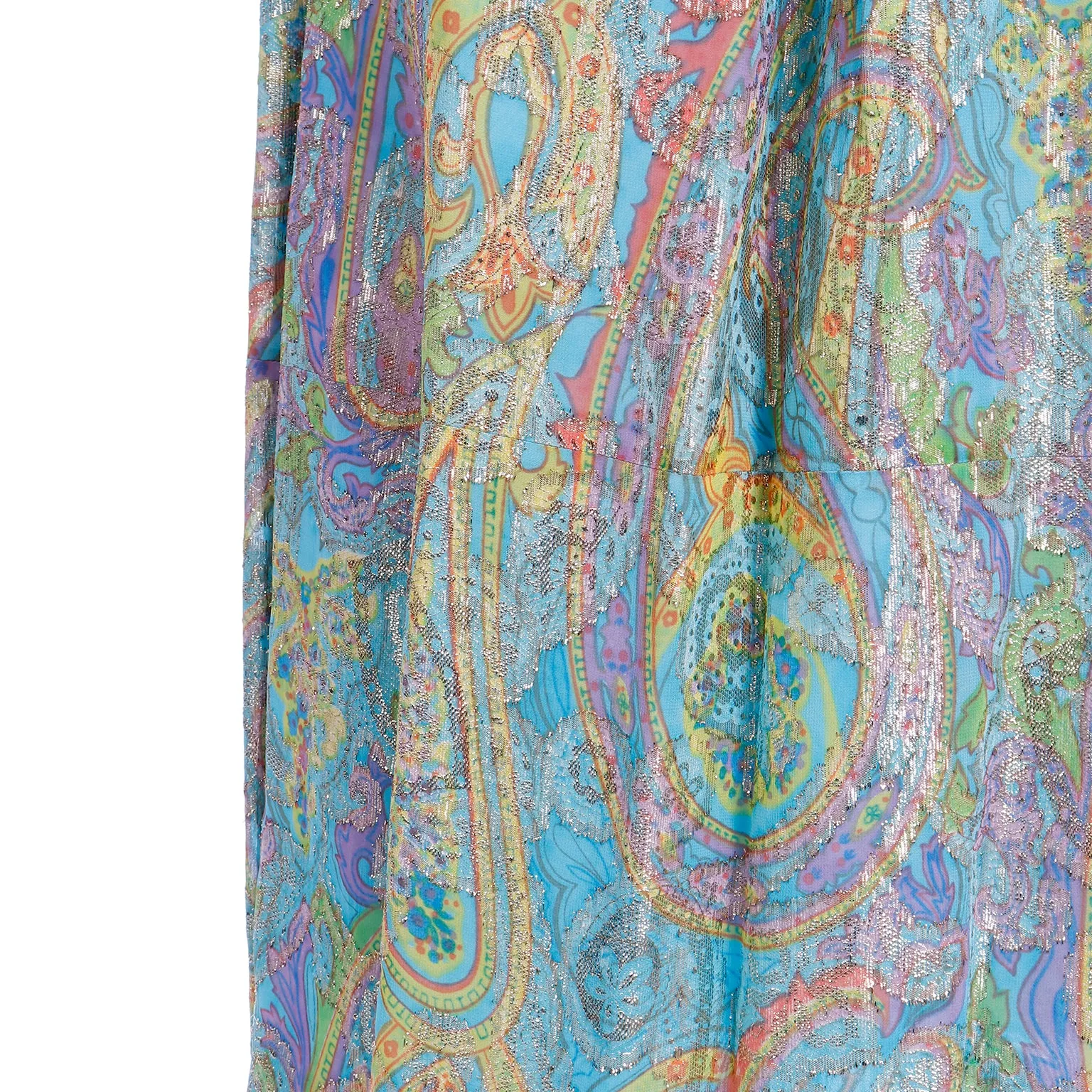 1970s Larry Aldrich Colorful Paisley Print Gold Metallic Maxi Dress