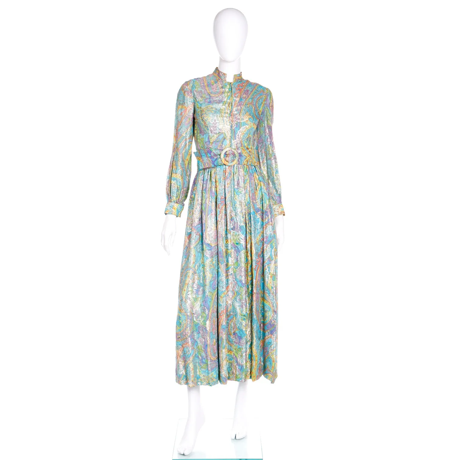 1970s Larry Aldrich Colorful Paisley Print Gold Metallic Maxi Dress