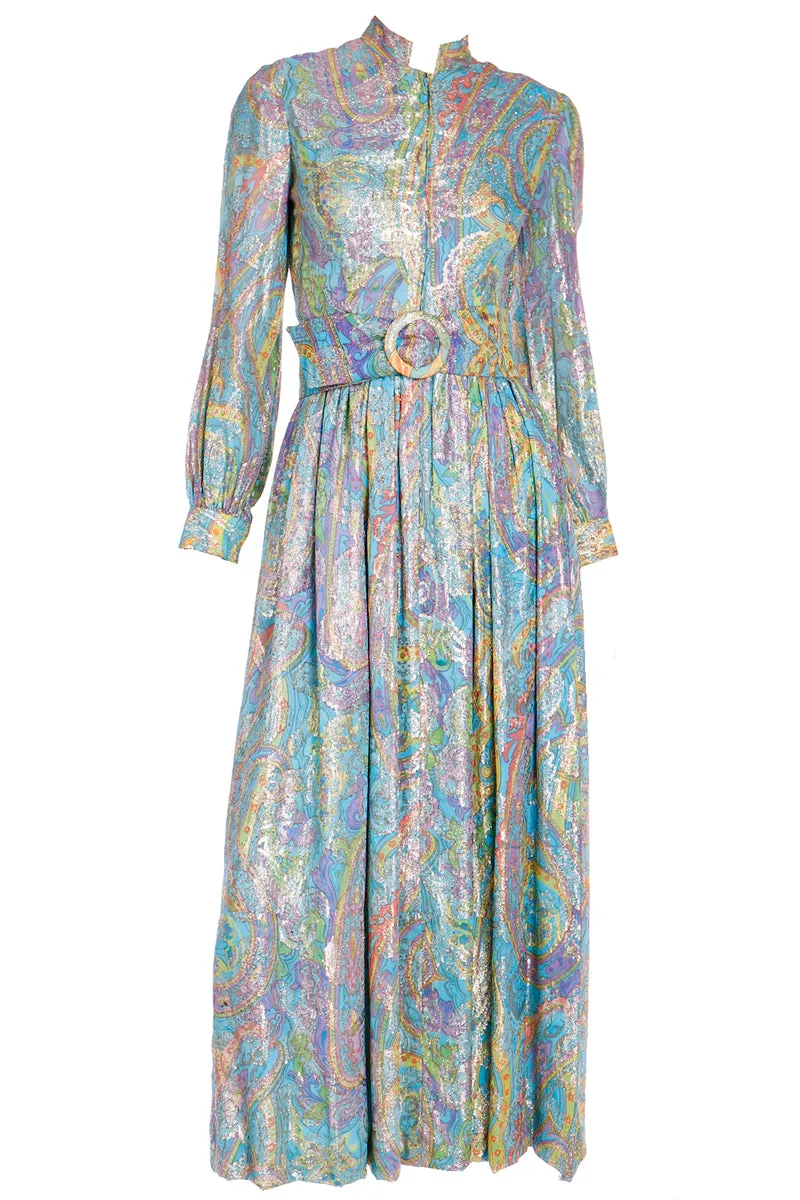 1970s Larry Aldrich Colorful Paisley Print Gold Metallic Maxi Dress