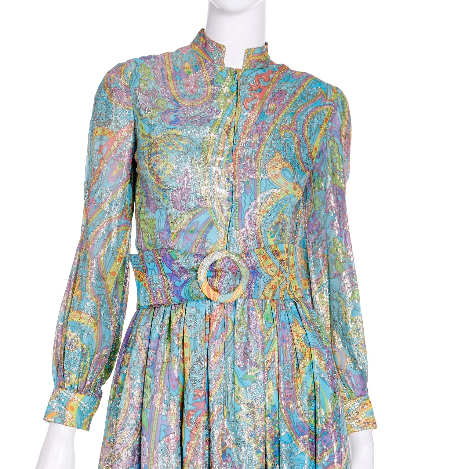 1970s Larry Aldrich Colorful Paisley Print Gold Metallic Maxi Dress