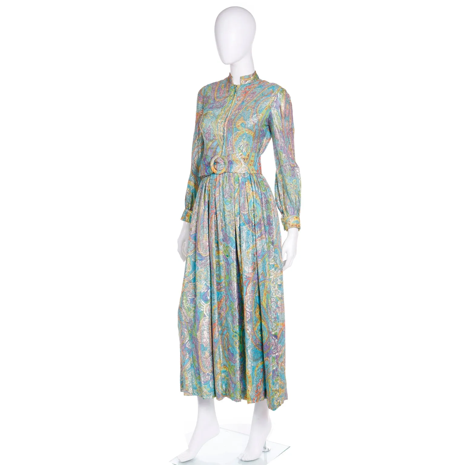 1970s Larry Aldrich Colorful Paisley Print Gold Metallic Maxi Dress