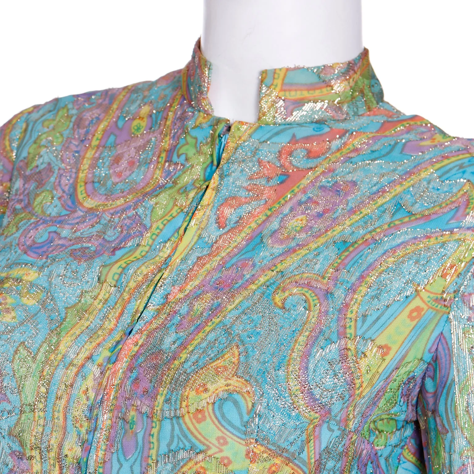 1970s Larry Aldrich Colorful Paisley Print Gold Metallic Maxi Dress