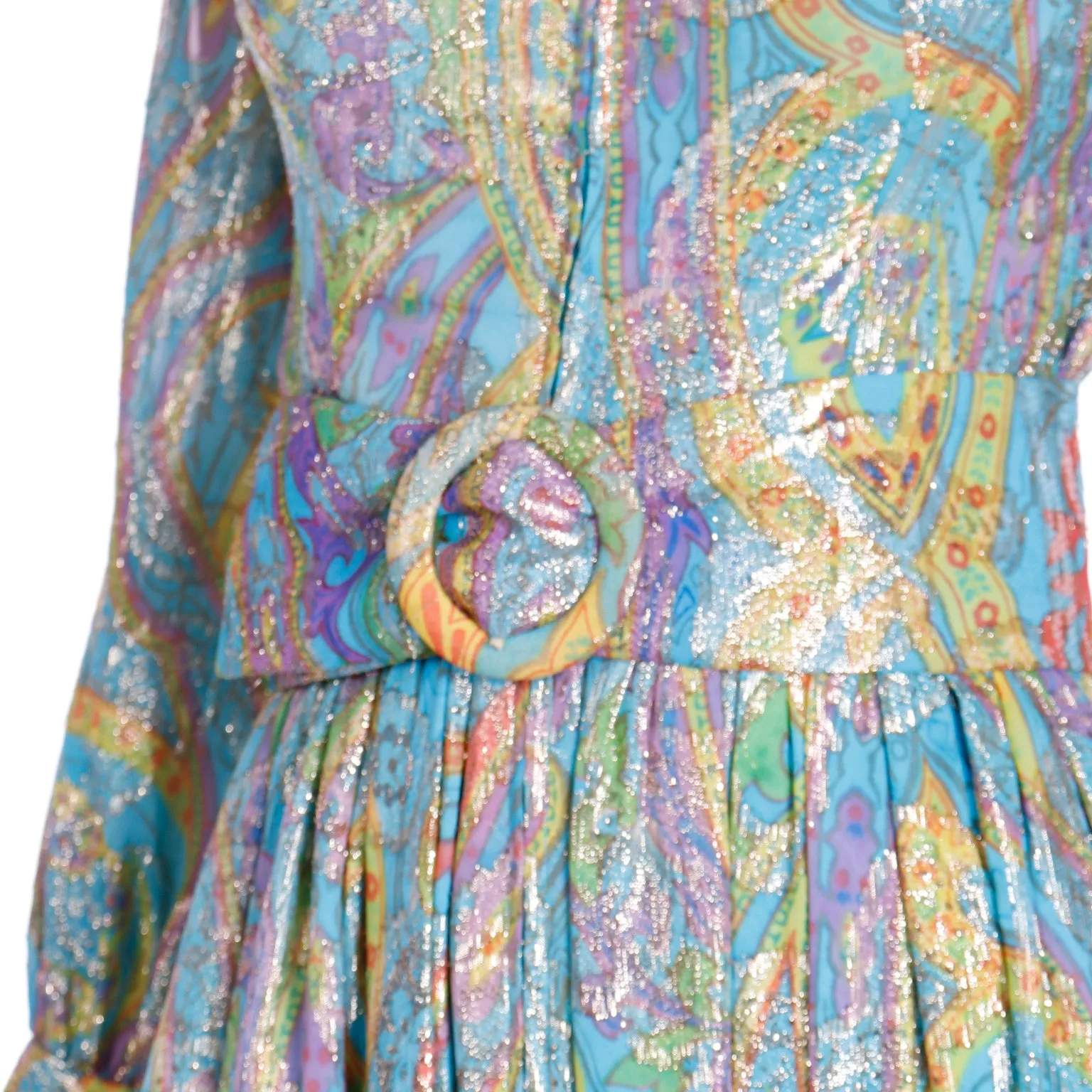 1970s Larry Aldrich Colorful Paisley Print Gold Metallic Maxi Dress