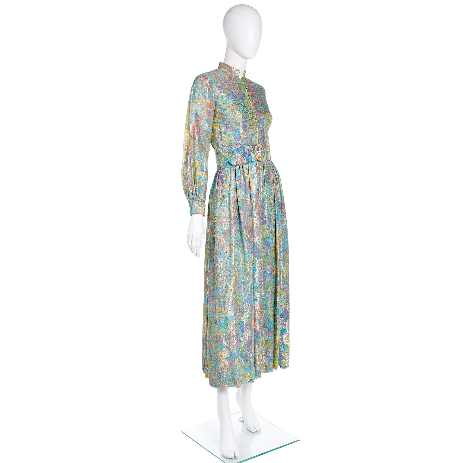 1970s Larry Aldrich Colorful Paisley Print Gold Metallic Maxi Dress