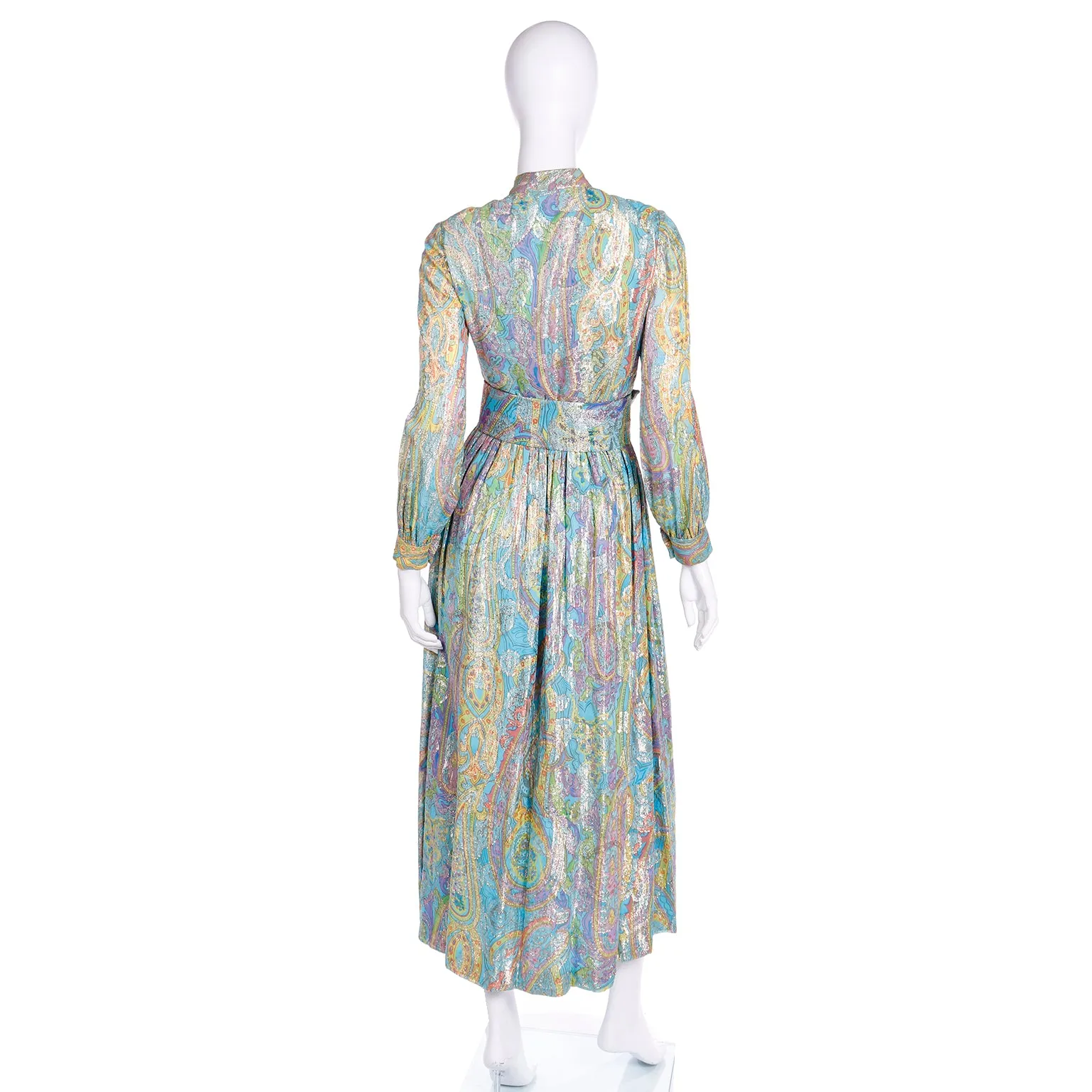 1970s Larry Aldrich Colorful Paisley Print Gold Metallic Maxi Dress