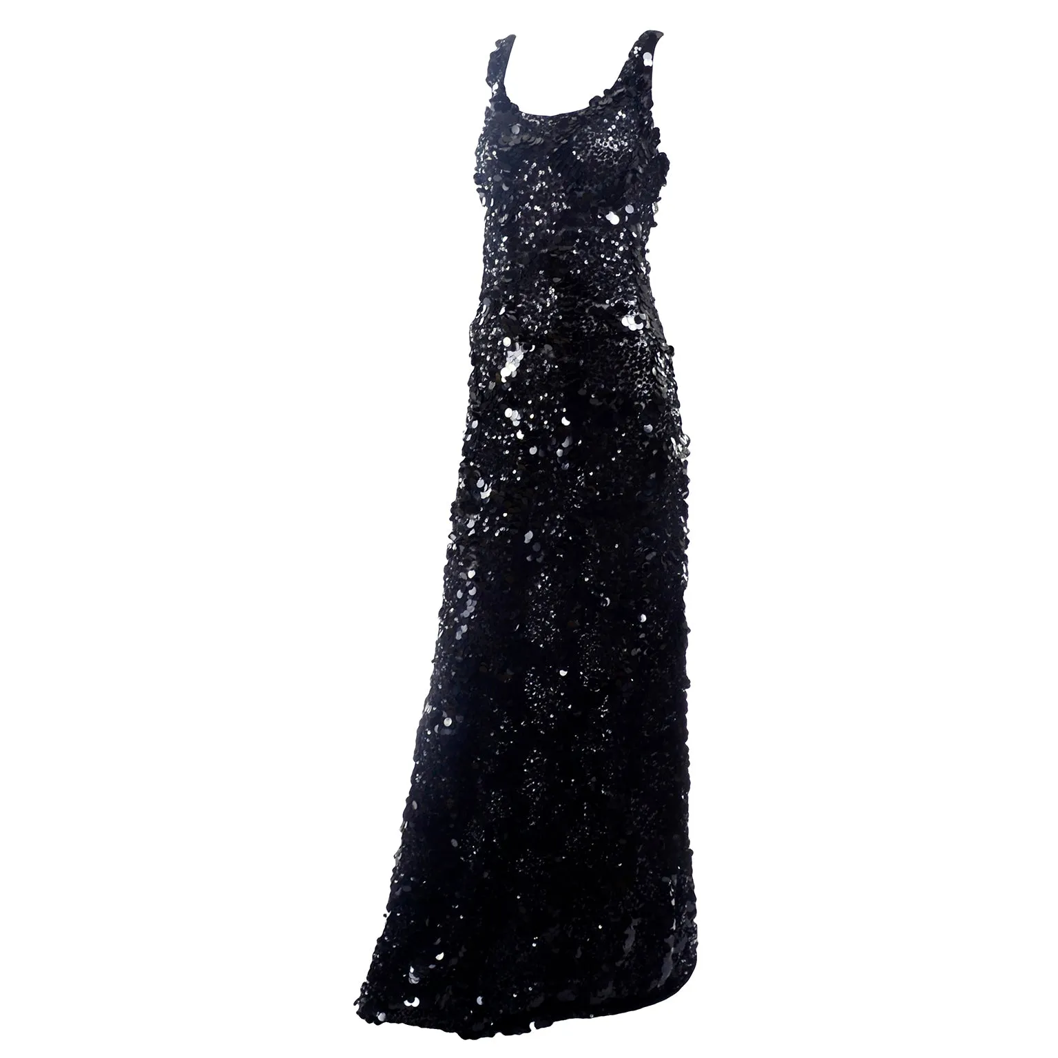 1970s Vintage Black Sequins & Paillette Evening Gown Dress w Train & Bustle