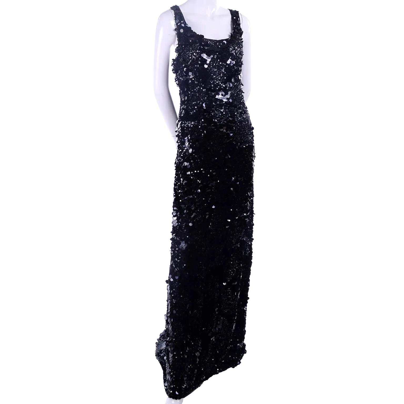 1970s Vintage Black Sequins & Paillette Evening Gown Dress w Train & Bustle