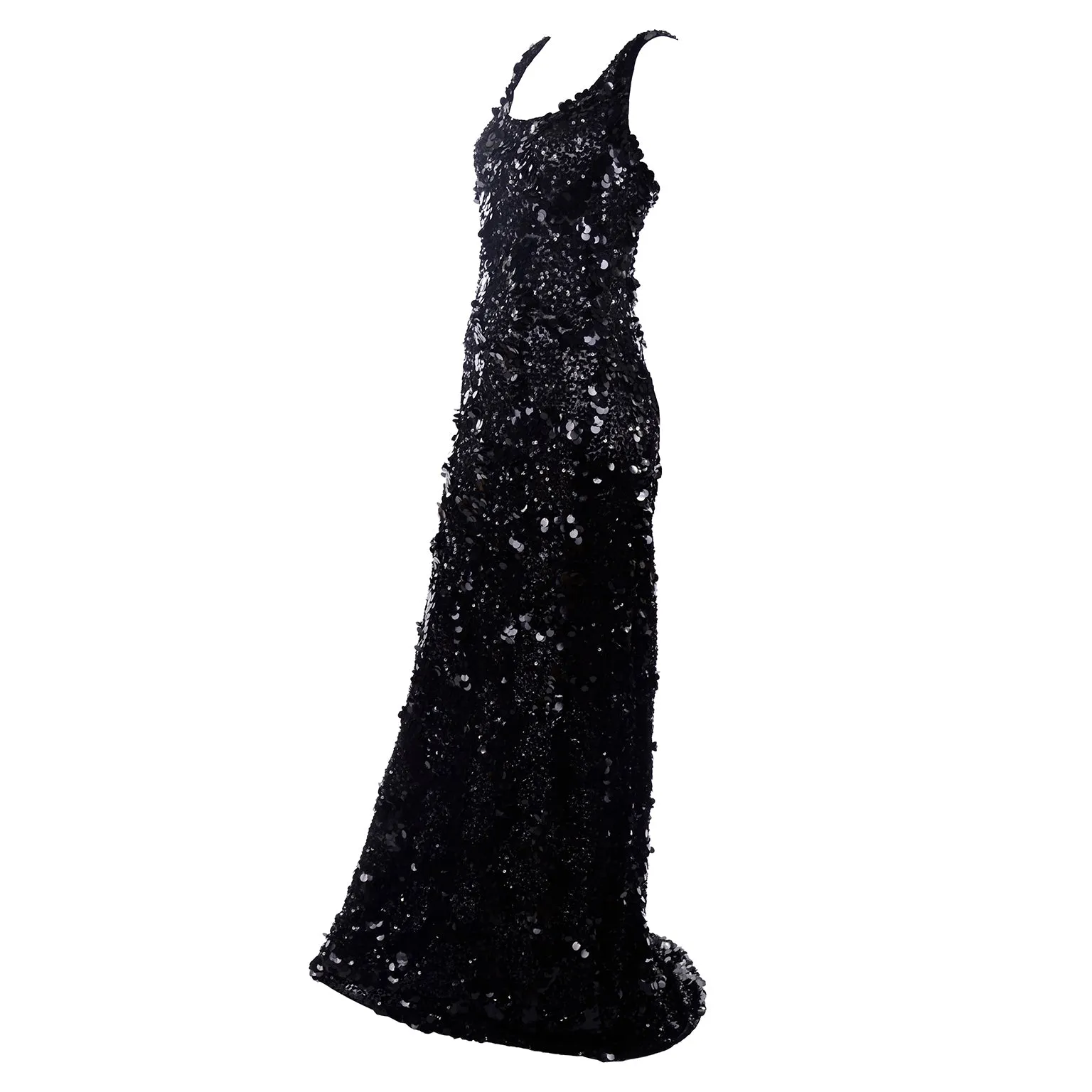 1970s Vintage Black Sequins & Paillette Evening Gown Dress w Train & Bustle