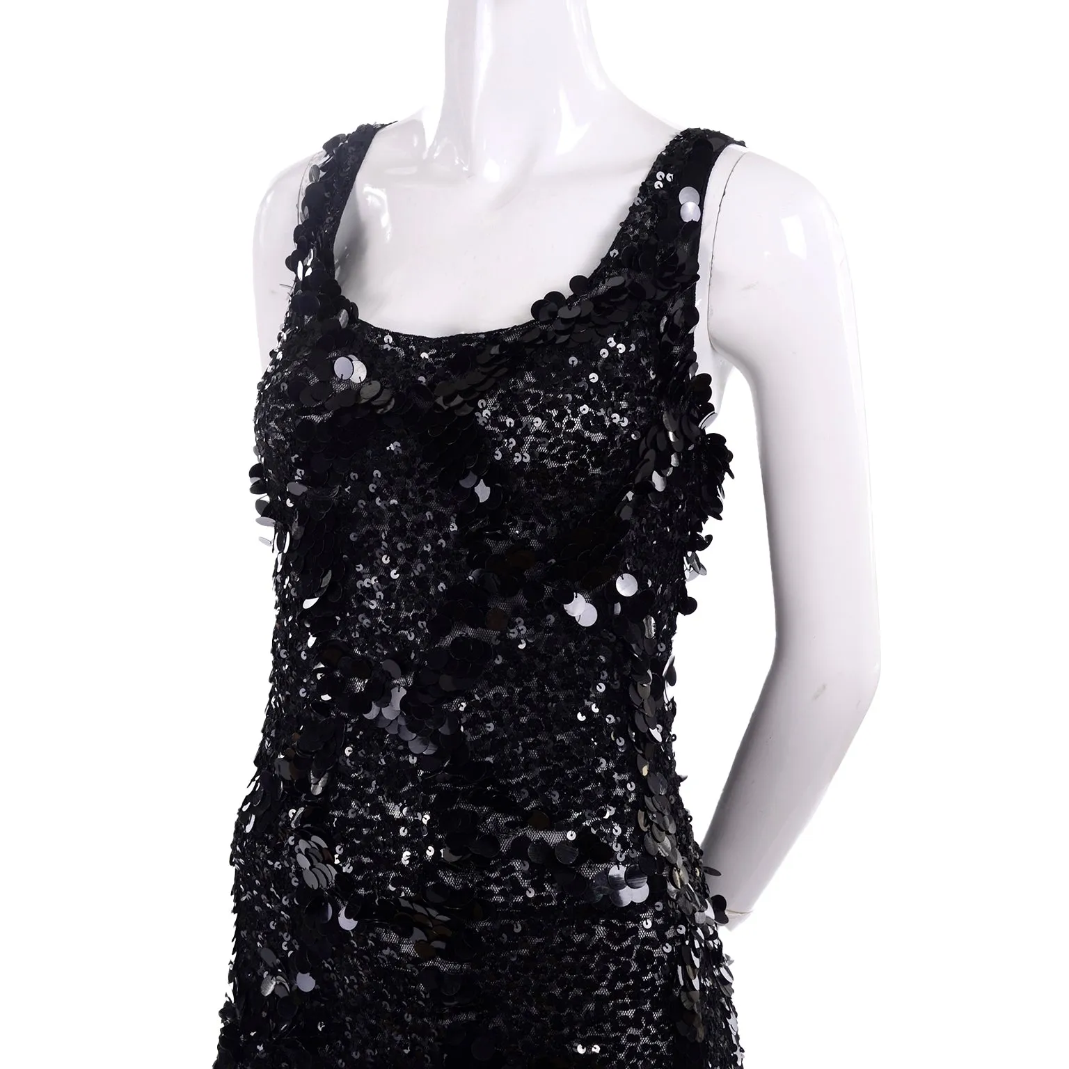 1970s Vintage Black Sequins & Paillette Evening Gown Dress w Train & Bustle