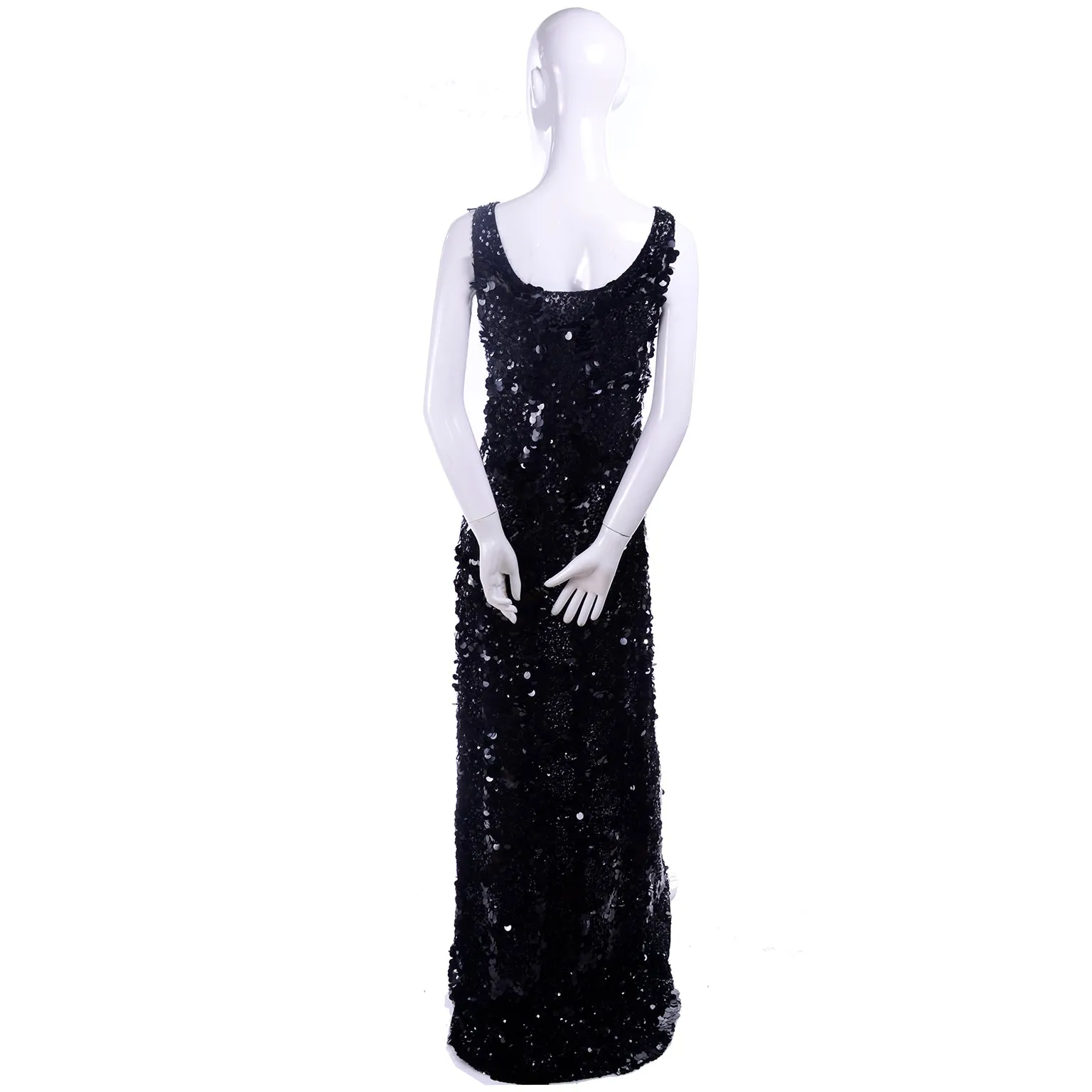 1970s Vintage Black Sequins & Paillette Evening Gown Dress w Train & Bustle