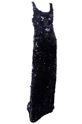 1970s Vintage Black Sequins & Paillette Evening Gown Dress w Train & Bustle