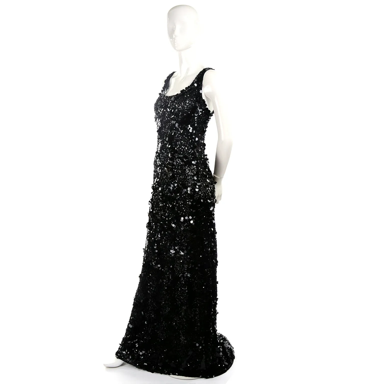 1970s Vintage Black Sequins & Paillette Evening Gown Dress w Train & Bustle