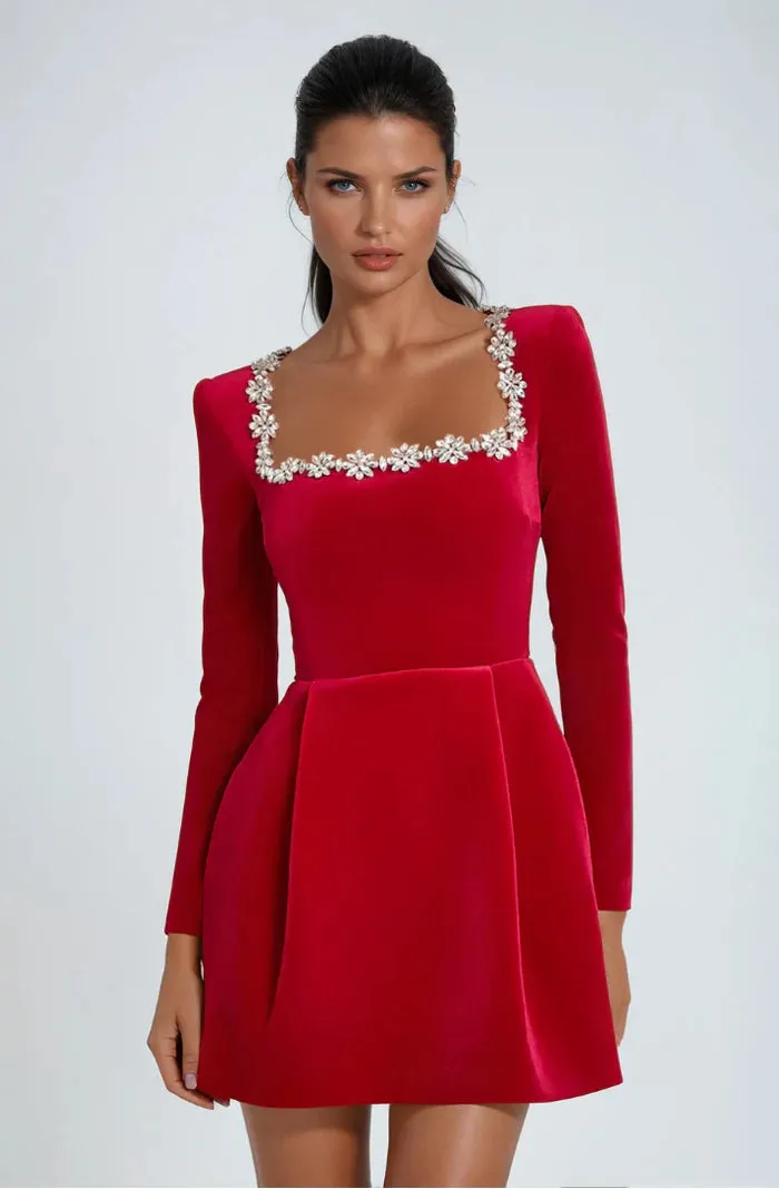 A&A Embellished Collar Long Sleeve Velvet A-line Dress