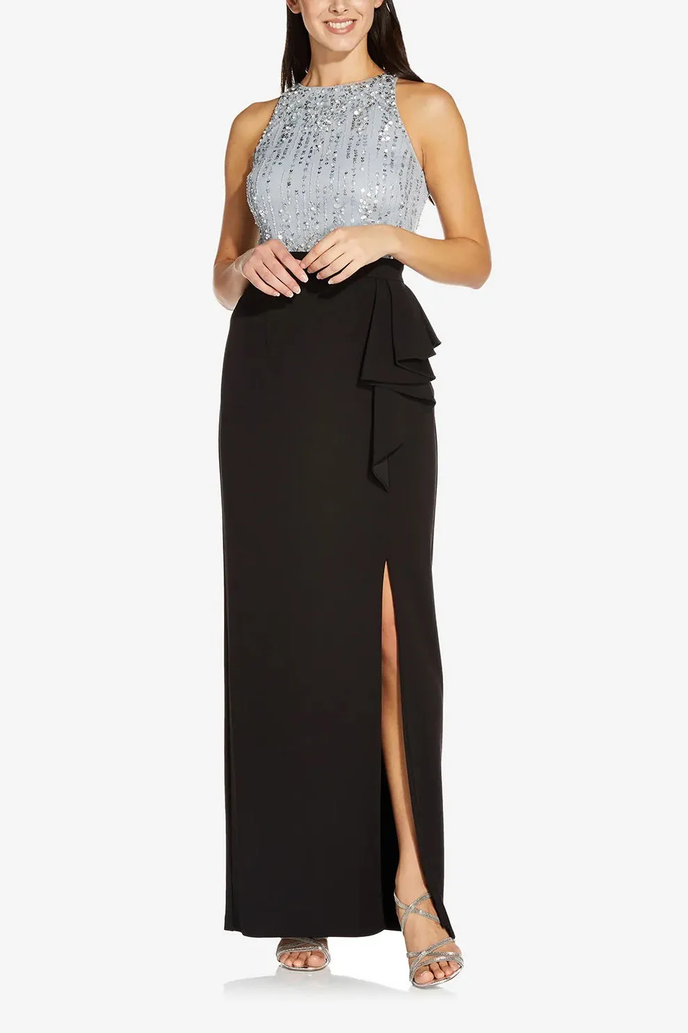 Adrianna Papell Mid Banded Waist Ruffled Slit Side Solid Long Knot Crepe Skirt