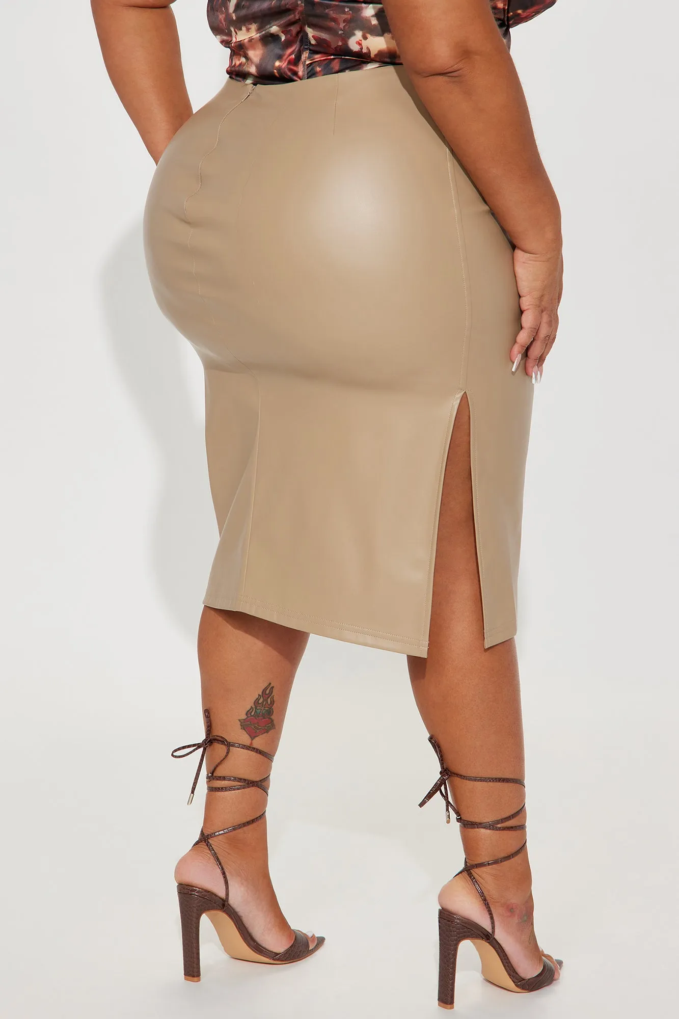 Aimee Faux Leather Midi Skirt - Taupe