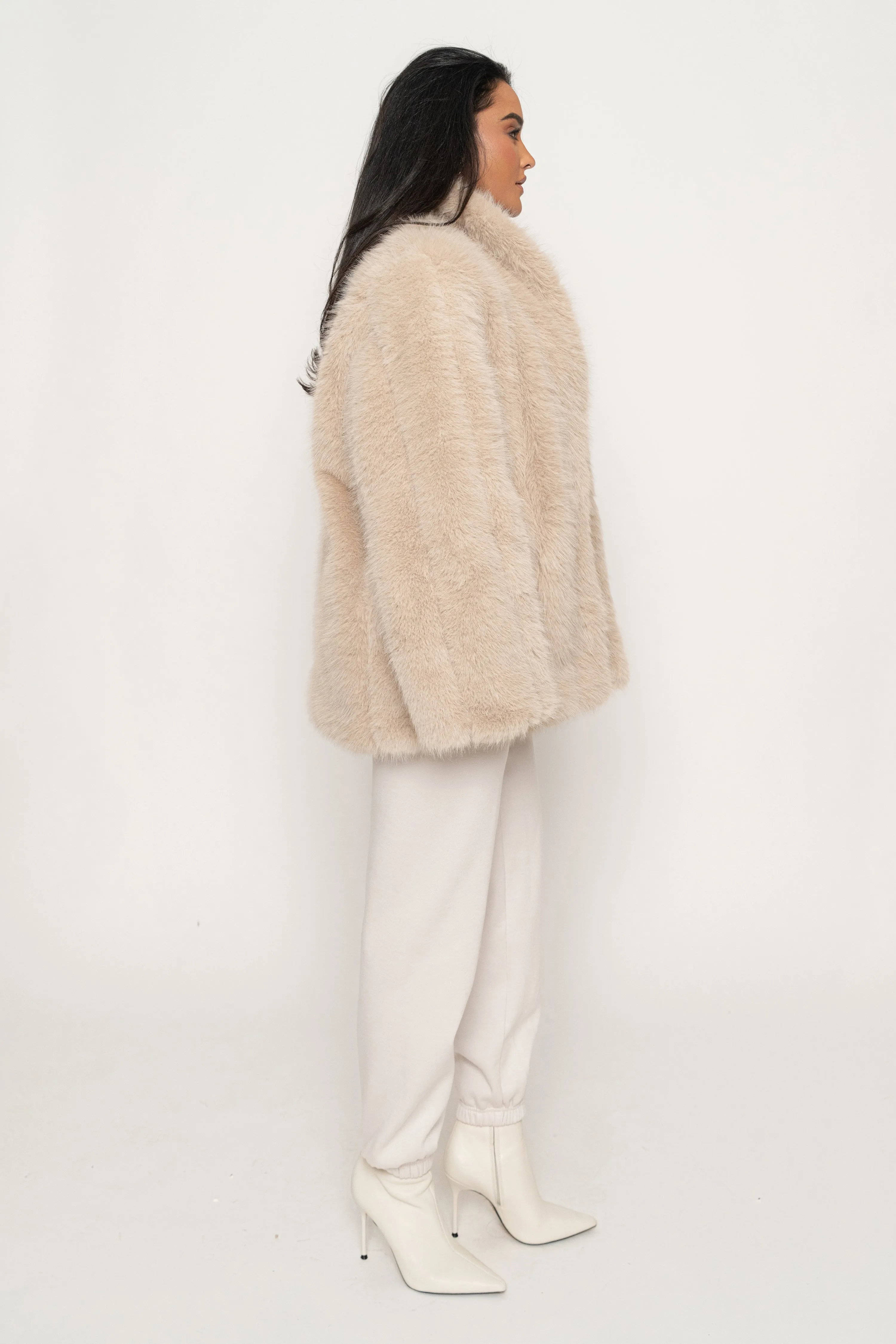 Beige Cropped Manhattan Faux Fur Coat