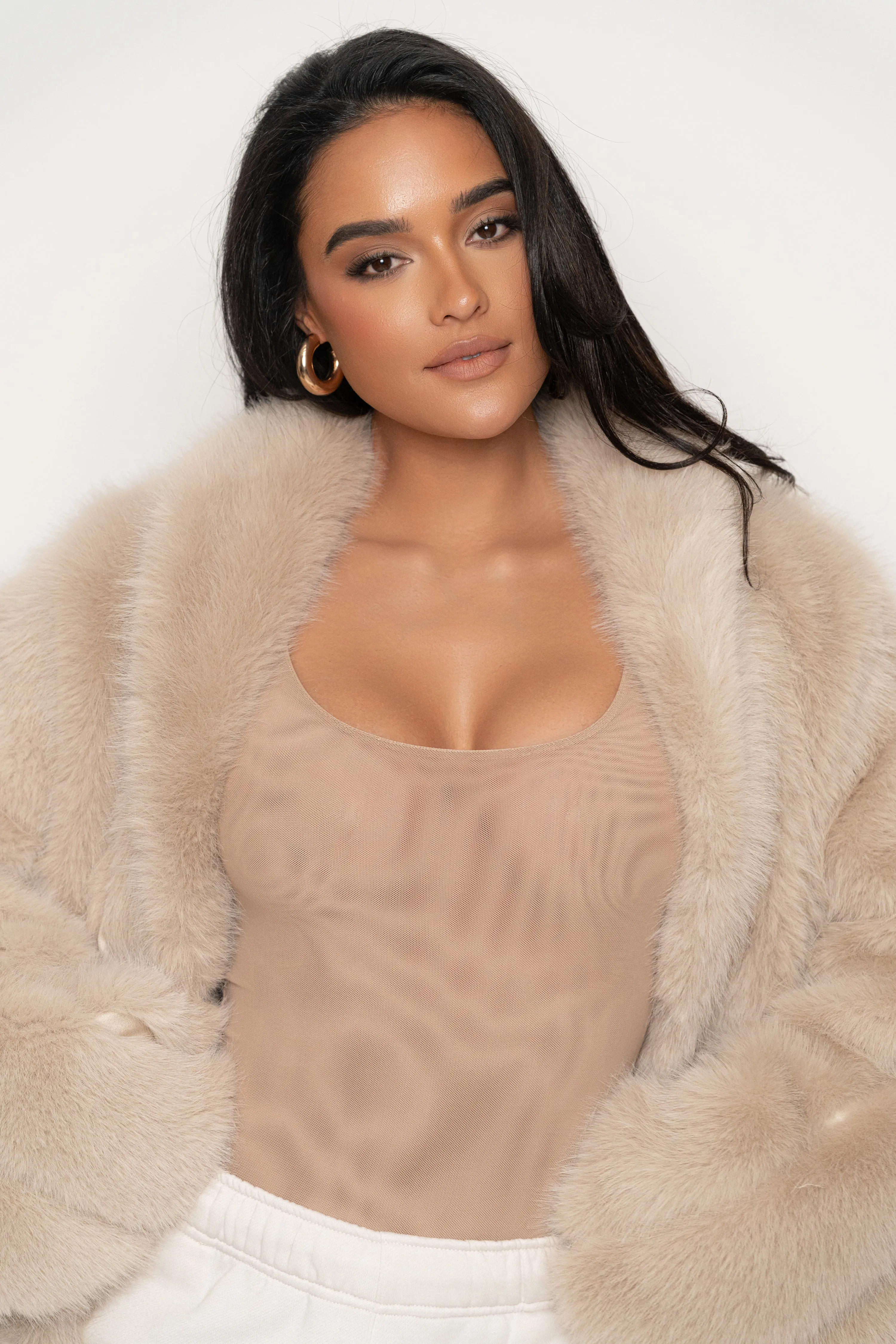 Beige Cropped Manhattan Faux Fur Coat