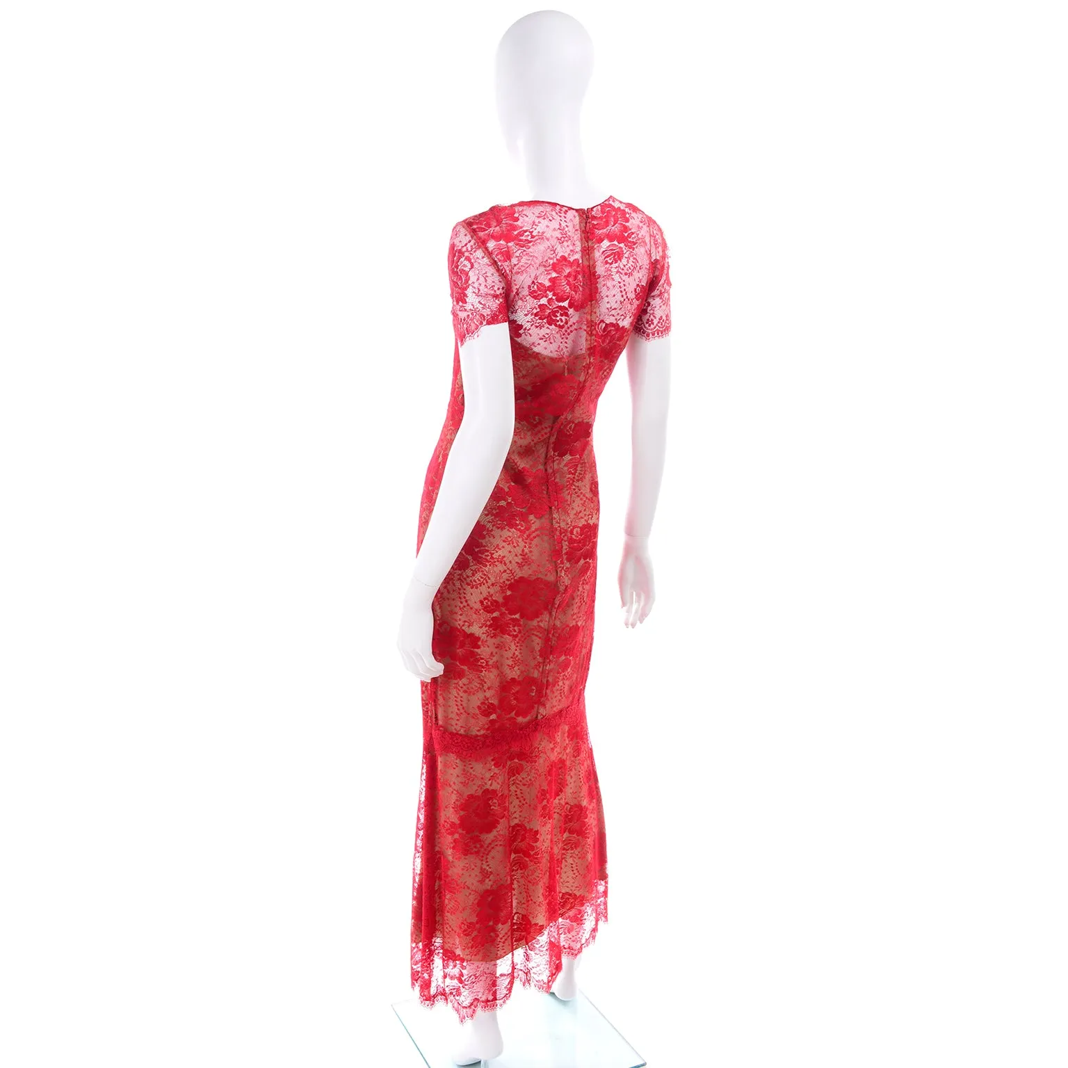 Bill Blass S/S 1997 Vintage Red Lace Evening Runway Dress With Layered Silk Slip