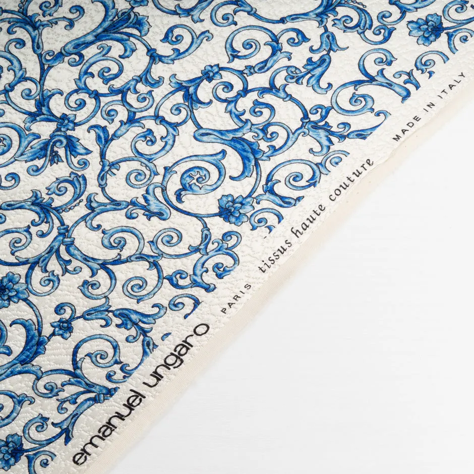 Blue 'Fleur de Lis' Cotton & Silk Blend Cloqué