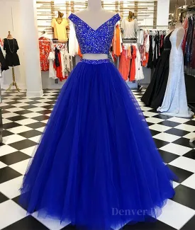 Blue v neck tulle beads two pieces long prom dress blue evening dress