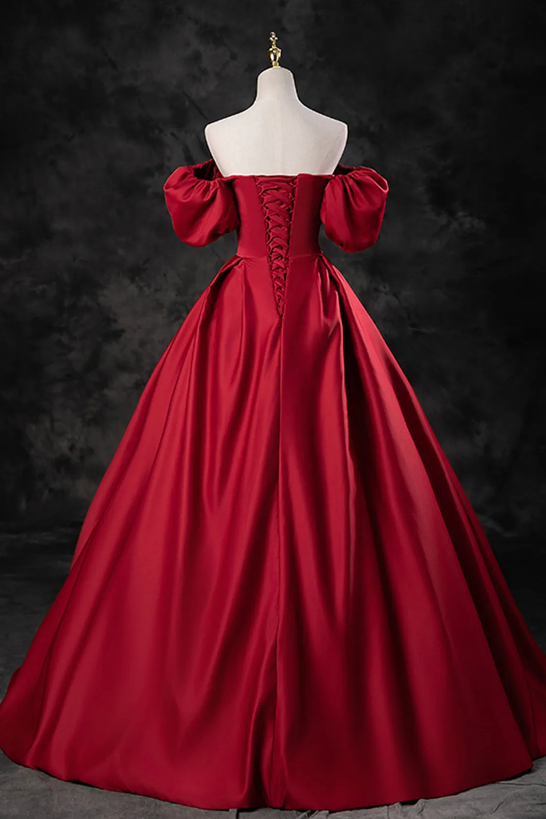 Burgundy Satin Long A-Line Prom Dress, Off the Shoulder Evening Party Dress