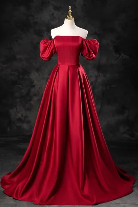 Burgundy Satin Long A-Line Prom Dress, Off the Shoulder Evening Party Dress