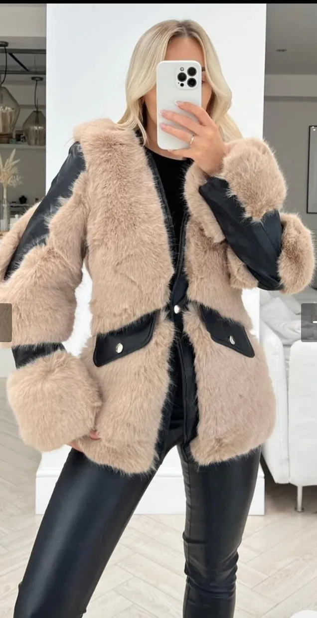 Carley black & beige faux fur aviator jacket