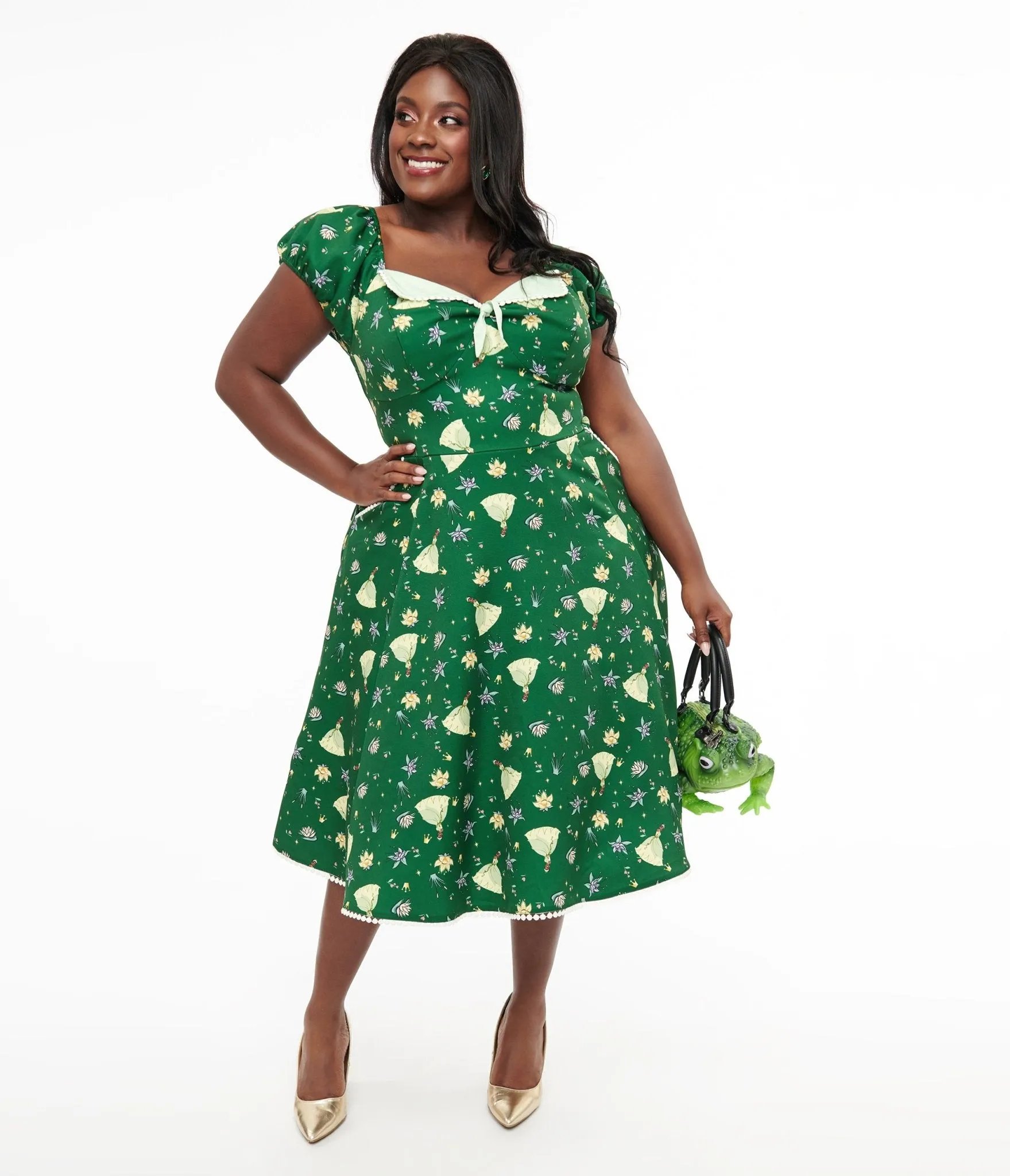 Disney Princess collection by Unique Vintage Plus Size Green Princess Tiana All Over Print Swing Dress