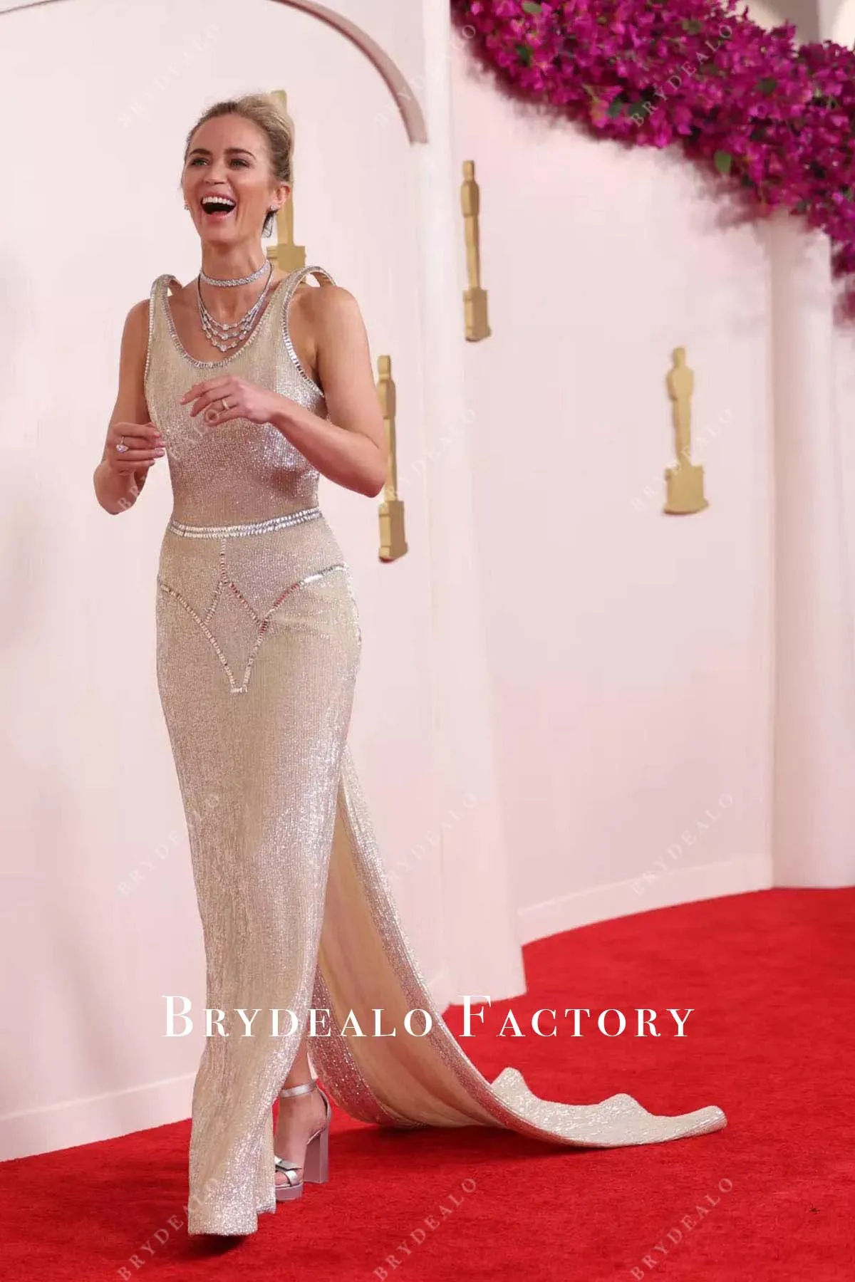 Emily Blunt 2024 Oscars Champagne Sequin Sheath Slit Dress