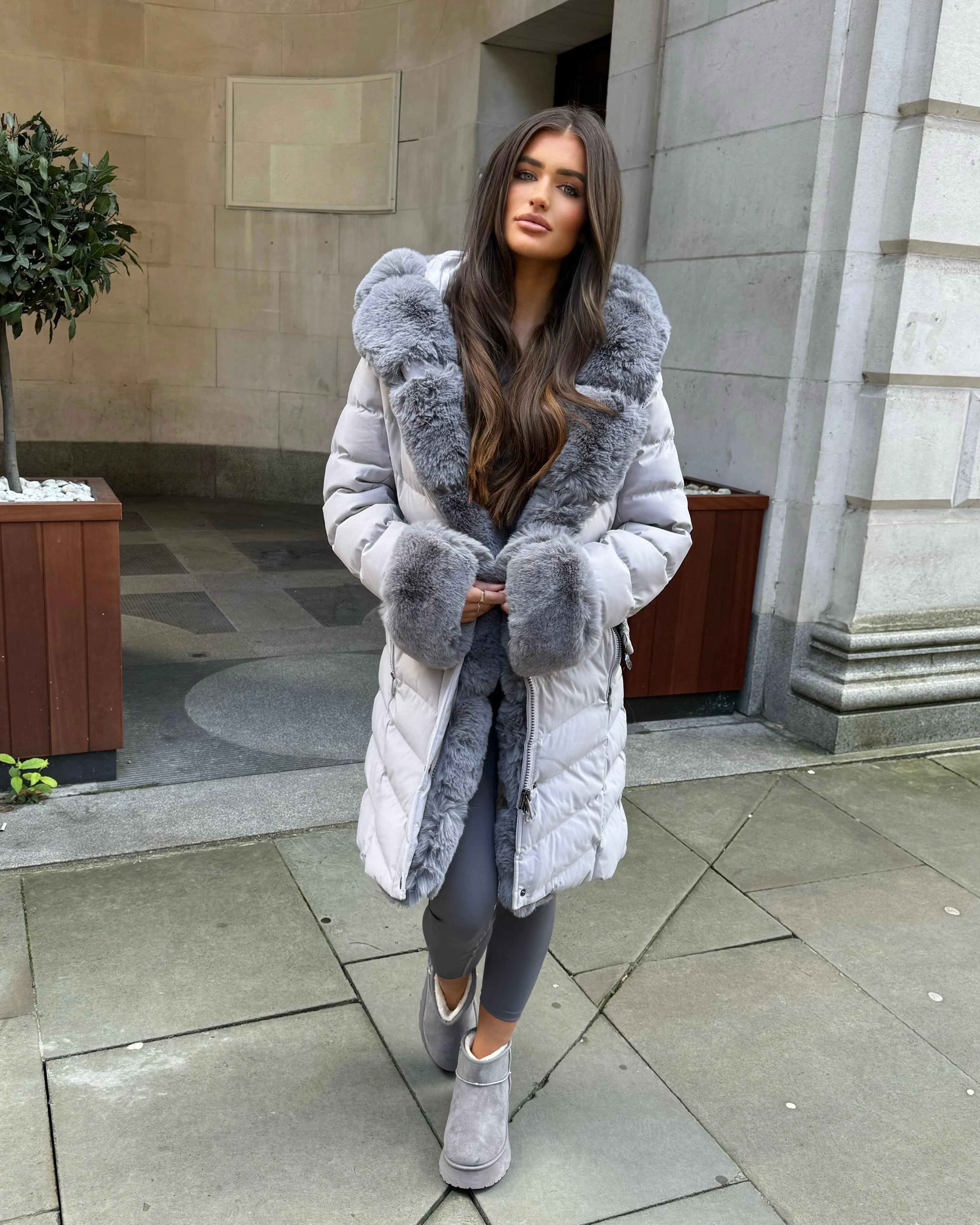 Emma Padded Faux Fur Trim Belted Coat - Grey