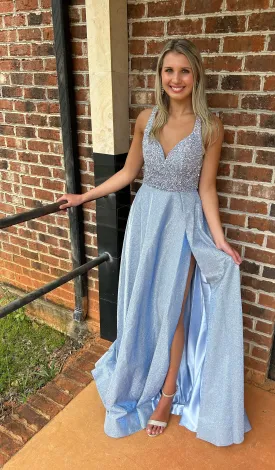 ENVIOUS Couture 1729 Ice Blue Iridescent Shimmer Dress with Slit