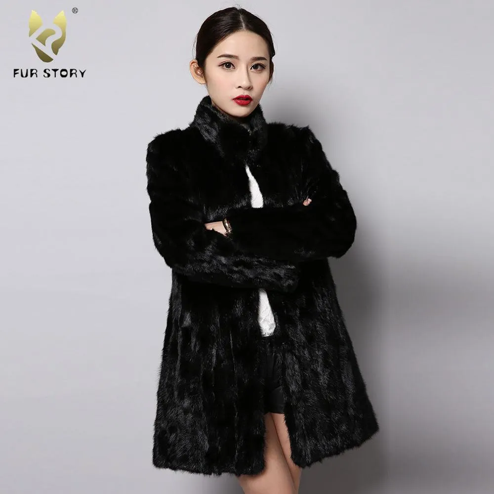 FS151250 Women's Genuine Mink Fur Coat Women Long Overcoat Outwear Fur Story