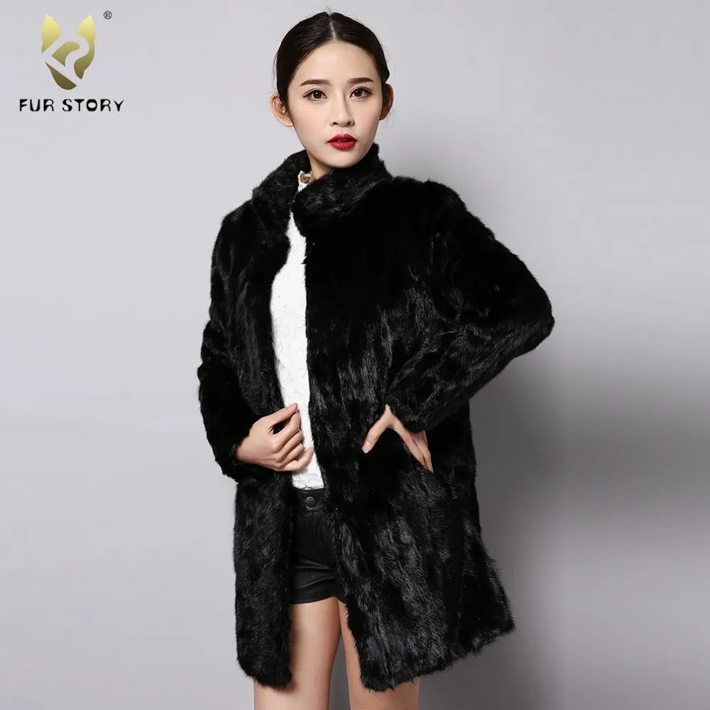 FS151250 Women's Genuine Mink Fur Coat Women Long Overcoat Outwear Fur Story