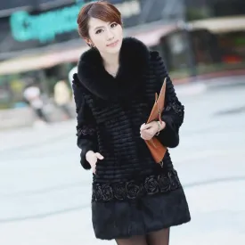 Fur Coat for Women Real Rabbit Fur Coat with Fox Fur Collar and Flower-decoration Coat Jacket Overcoat 6 Colors Women's Long Coat FS010136