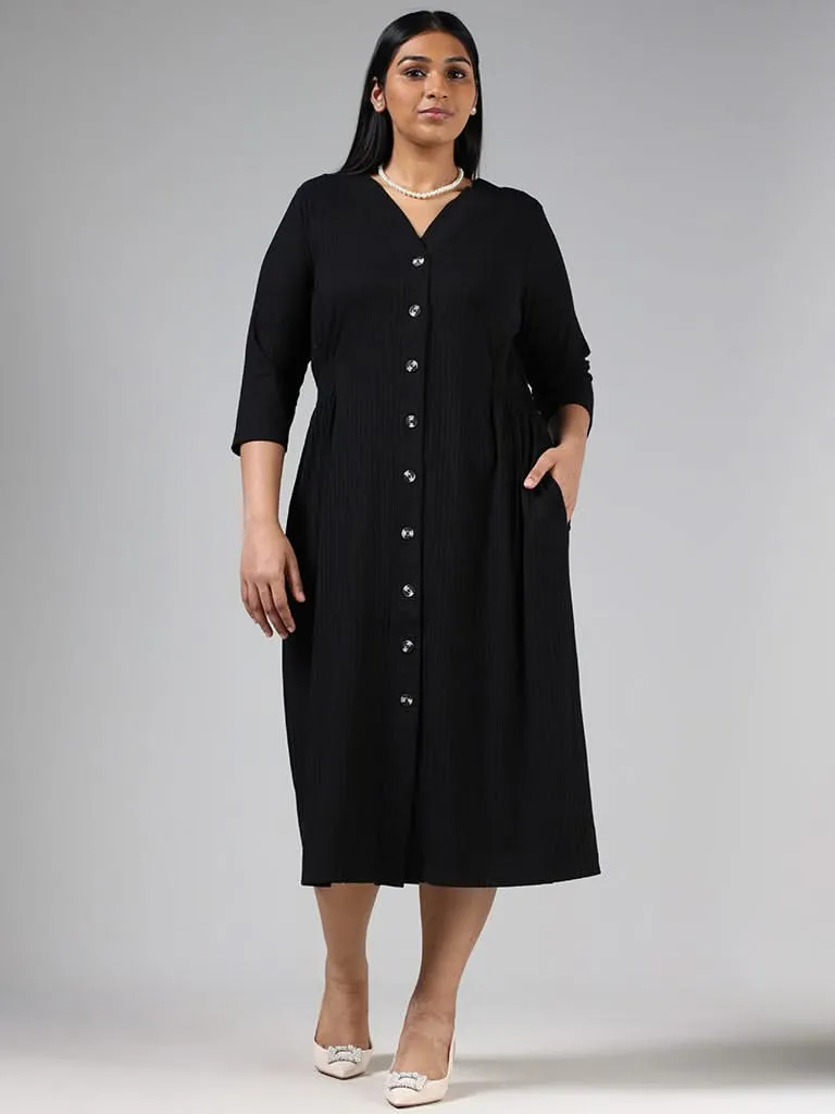 Gia Black Ribbed Buttoned-Down Midi Dress