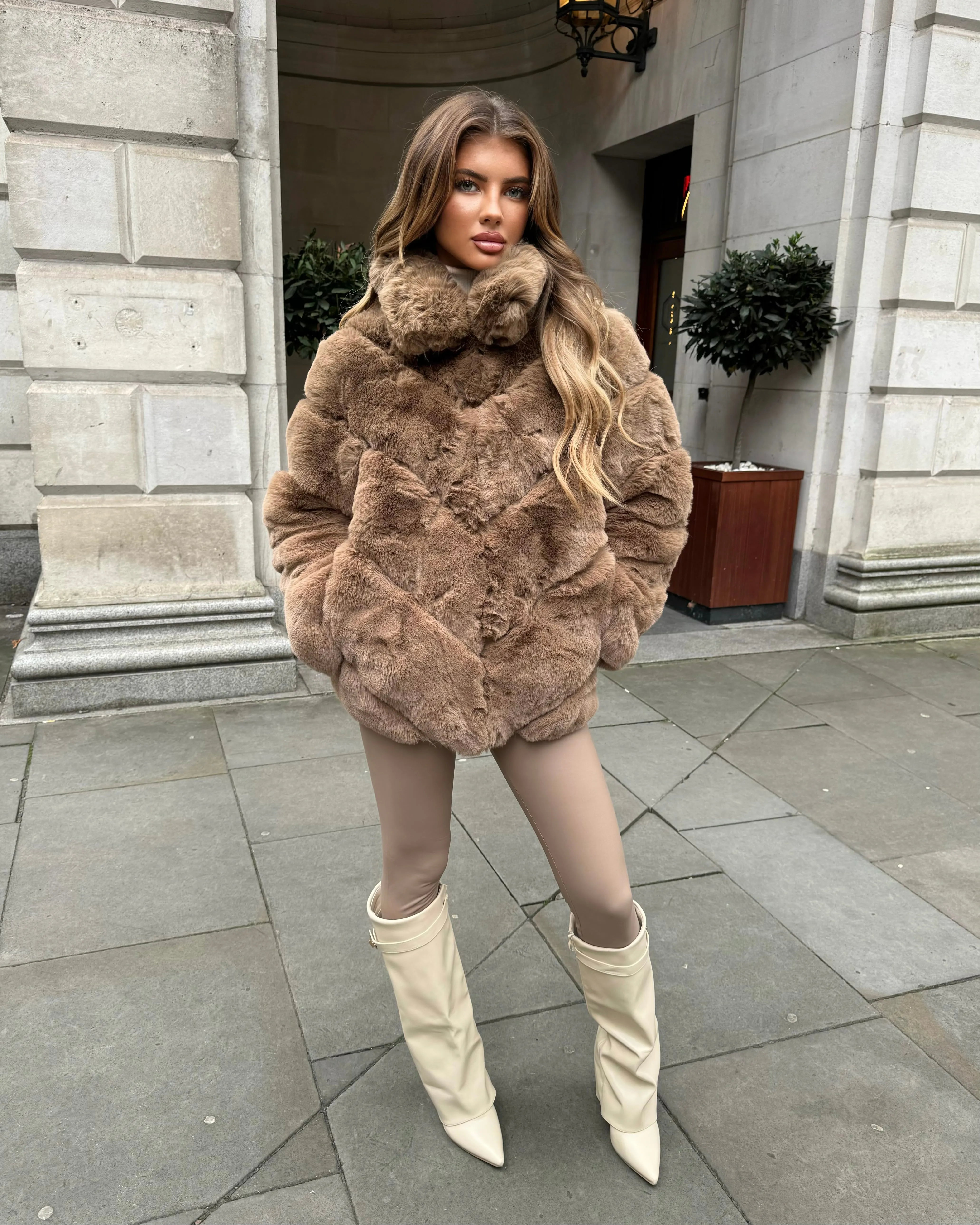 Gigi Faux Fur High Collar Coat- Camel