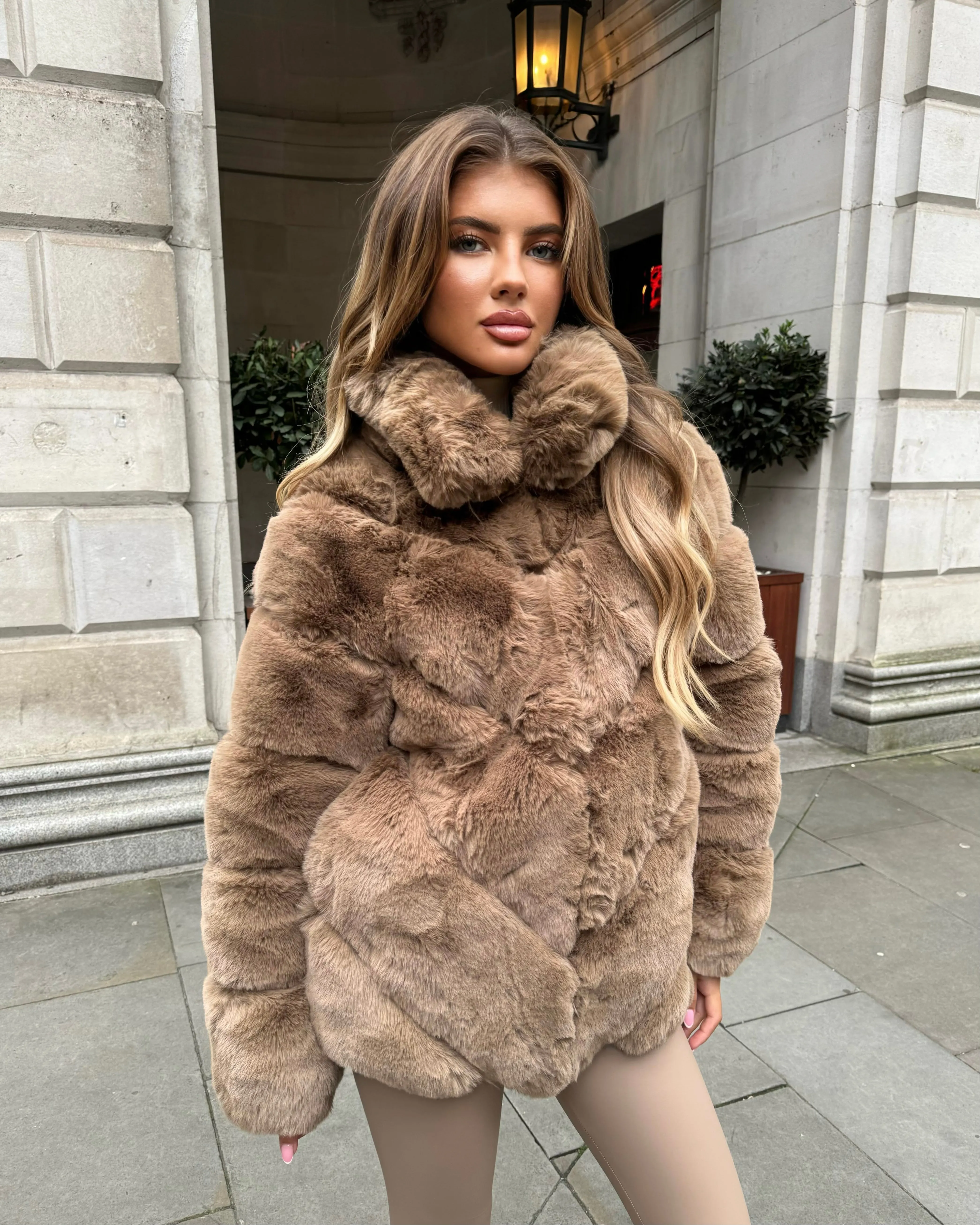 Gigi Faux Fur High Collar Coat- Camel