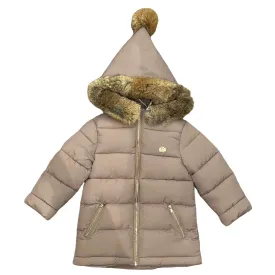 Girls Taupe Fur Pompom Coat