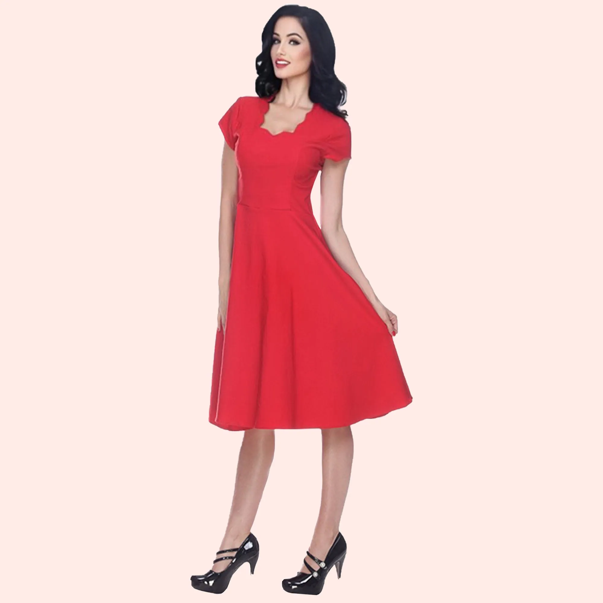 Glenda Scalloped Neck Swing Dress in Red