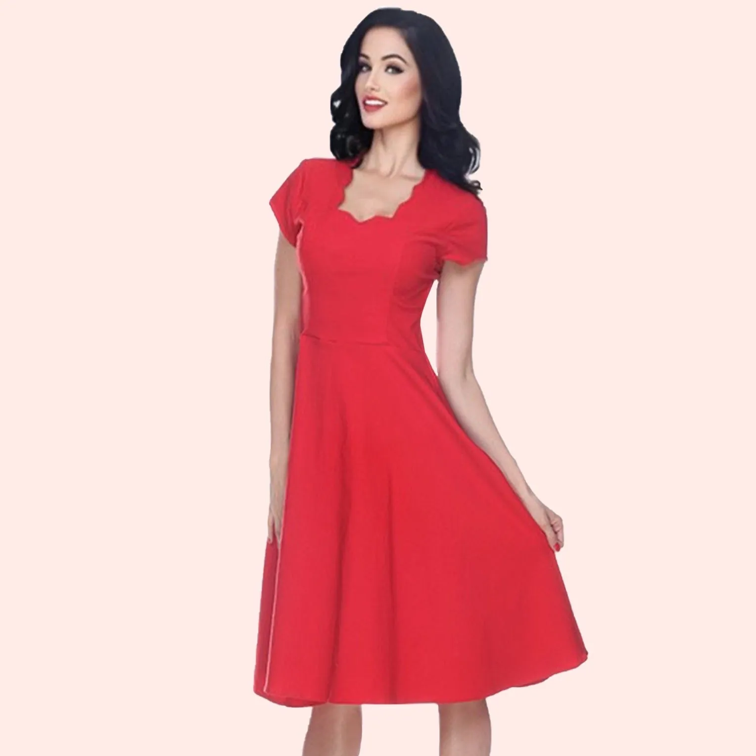 Glenda Scalloped Neck Swing Dress in Red