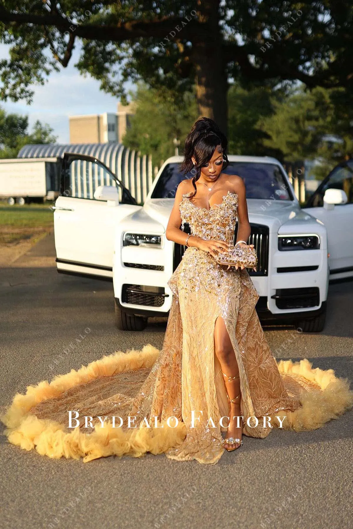 Gold Strapless Slit Long Train Overskirt Prom Dress