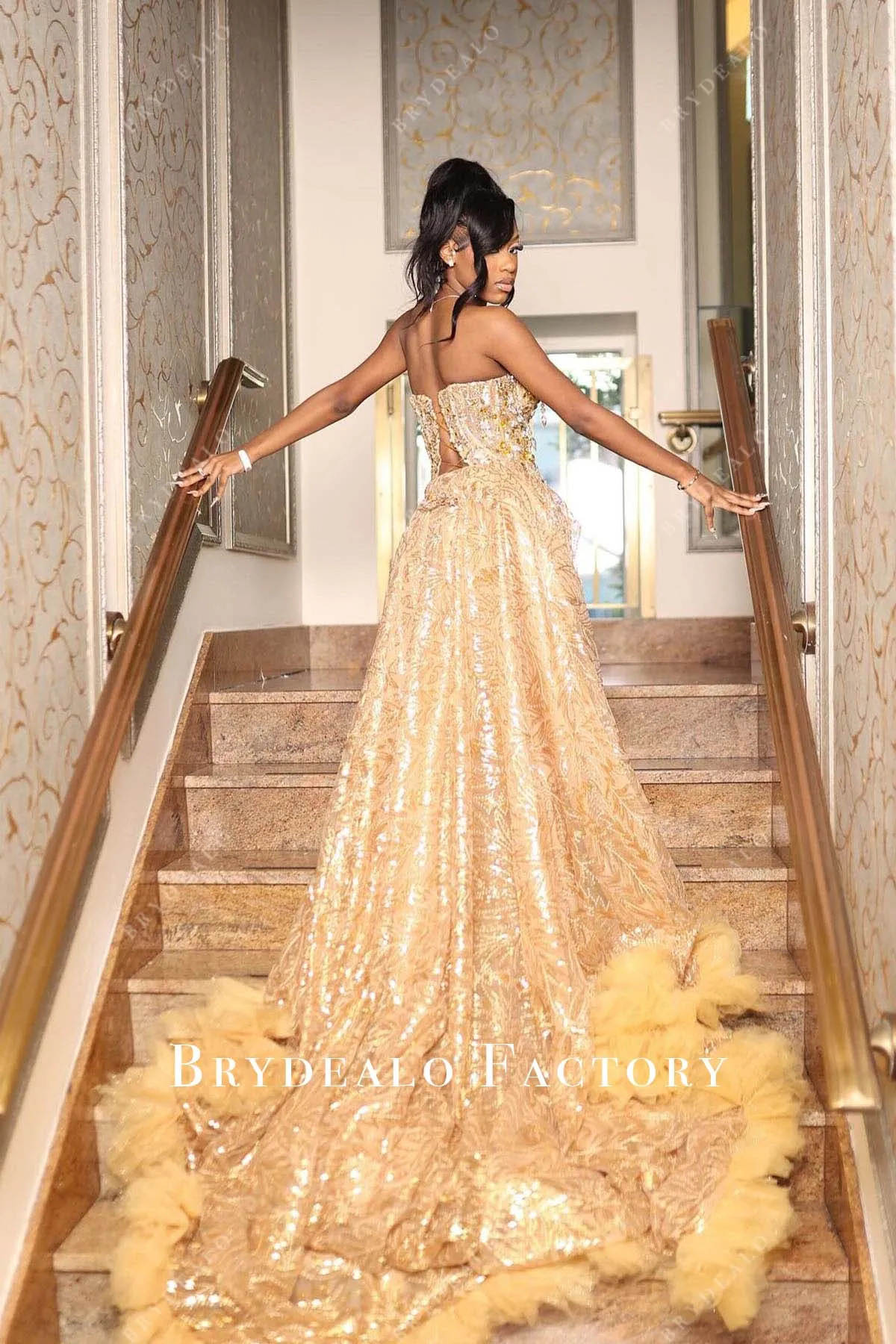 Gold Strapless Slit Long Train Overskirt Prom Dress