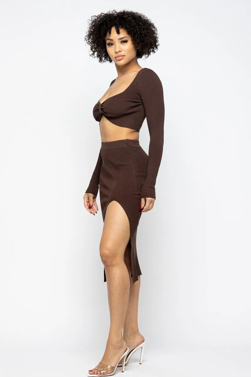 Hot Girl Coco High Slit Skirt Two Piece Set In Chocolate Brown