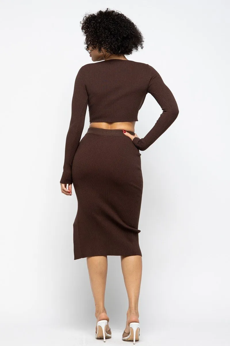 Hot Girl Coco High Slit Skirt Two Piece Set In Chocolate Brown