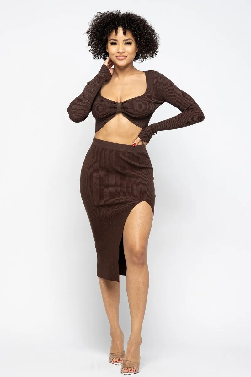 Hot Girl Coco High Slit Skirt Two Piece Set In Chocolate Brown