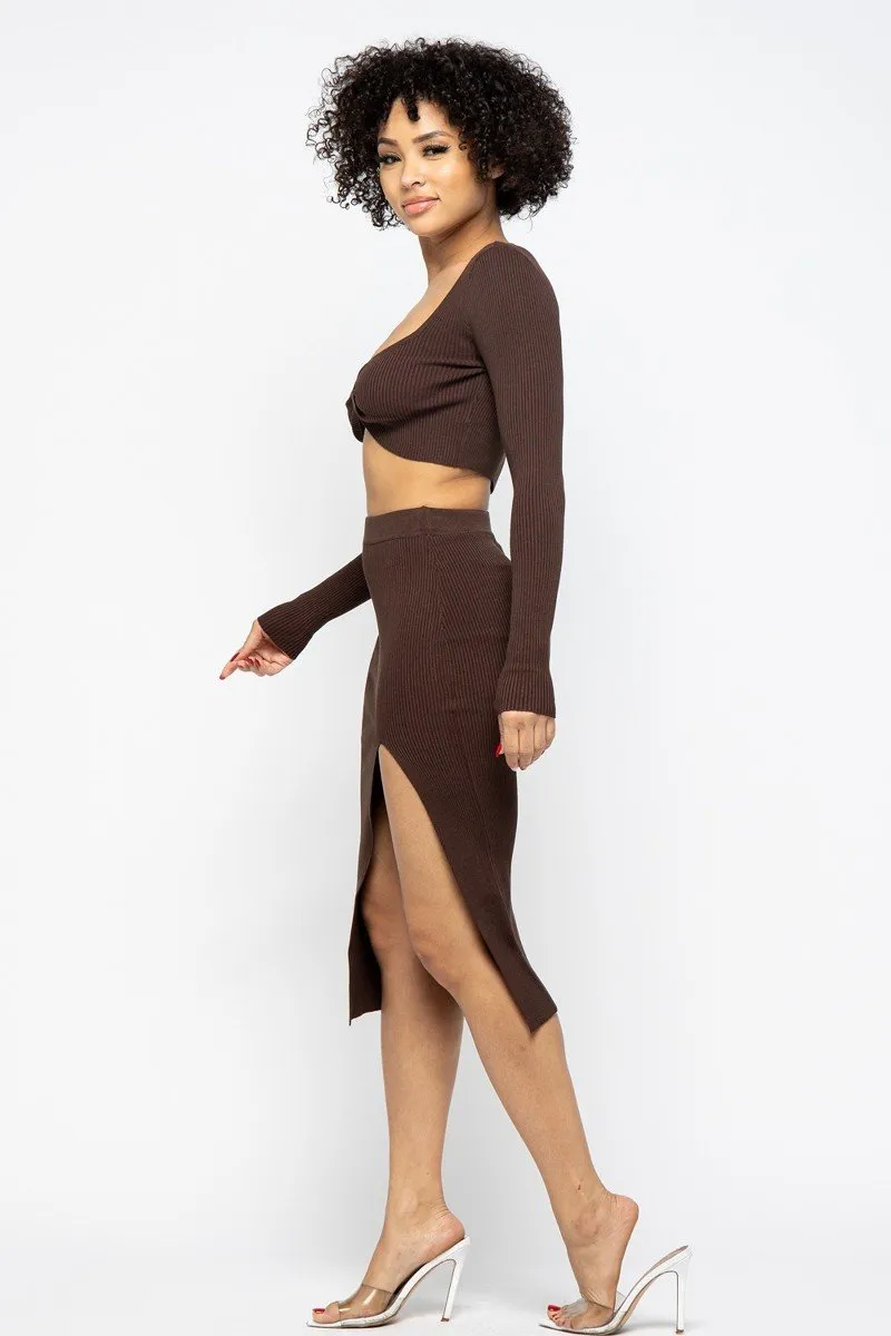 Hot Girl Coco High Slit Skirt Two Piece Set In Chocolate Brown